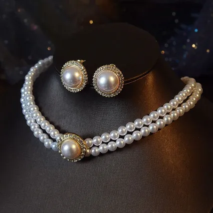 Elegant Double Layer Pearl Necklace Set (4 pcs)